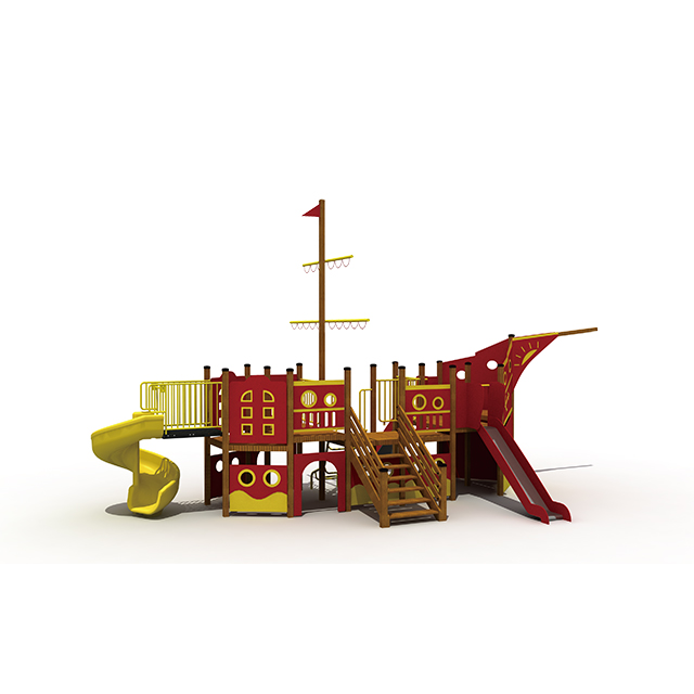 遊園地の屋外の運動場の子供の木の海賊船のプレイセット